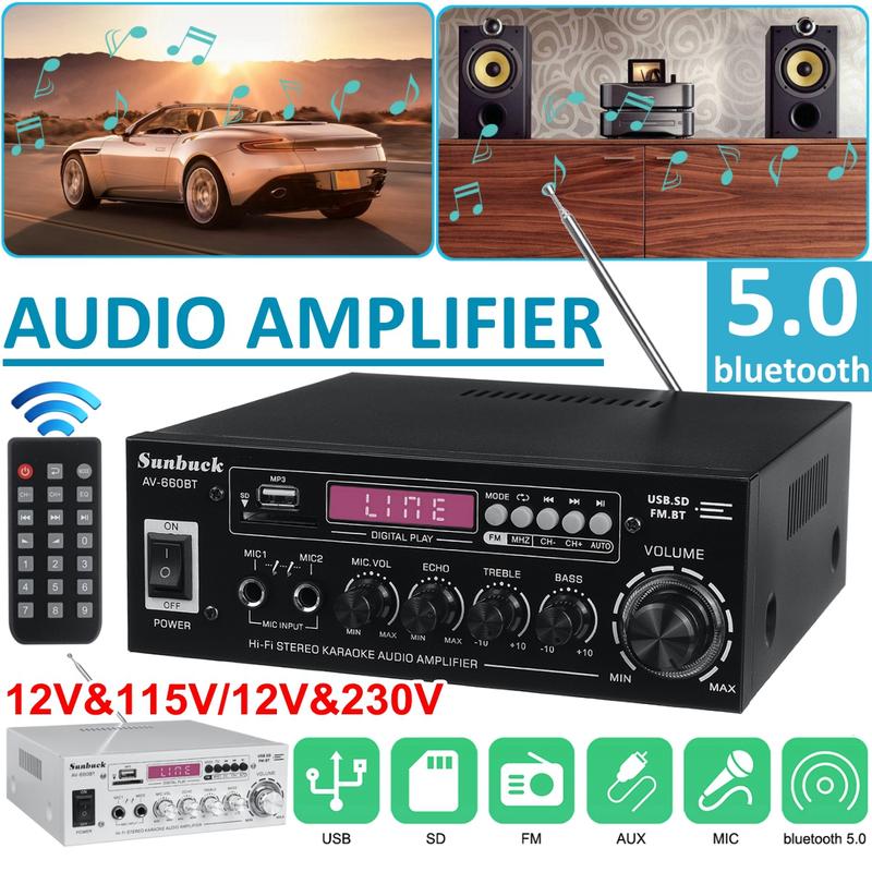 AV-660BT 2000W bluetooth 5.0 Audio Power Amplifier EQ Stereo AMP Car Home 2CH AUX USB FM Radio