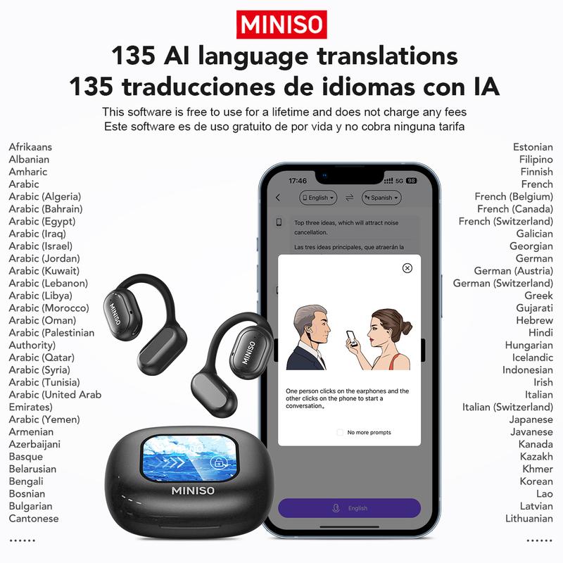 MINISO X30 AI  Headphones Open Free Wireless Translation Bluetooth Earbuds For Listening To Music & Calling, Support 135 Languages Bluetooth Translation & Meeting Summary Wireless Headphones