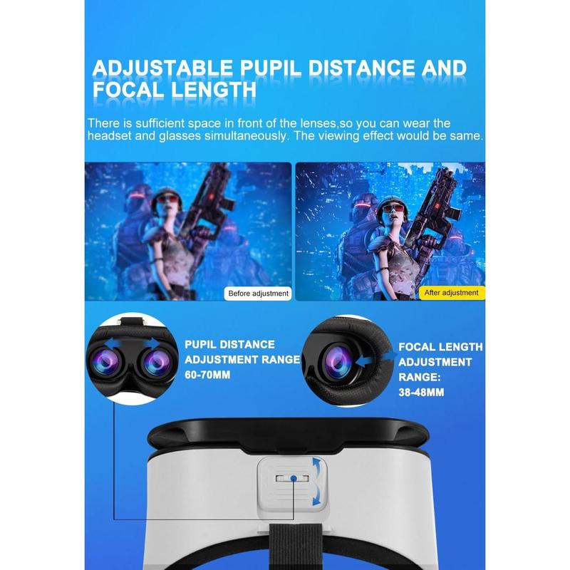 VR Headset for Smartphones with Bluetooth Controller, Ultra-Wide 120° Viewing Angle, Adjustable Focus and Eye Width, Aspherical Optical Lens, Good Heat Dissipation, 4.5-6.5 Inch Smartphone