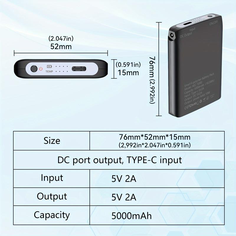 2 Pcs 5000mAh 5V 2.1A Rechargeable Battery Pack with DC and USB Output Ports for Heated Sock, Gloves, and Vest - Portable Power Bank