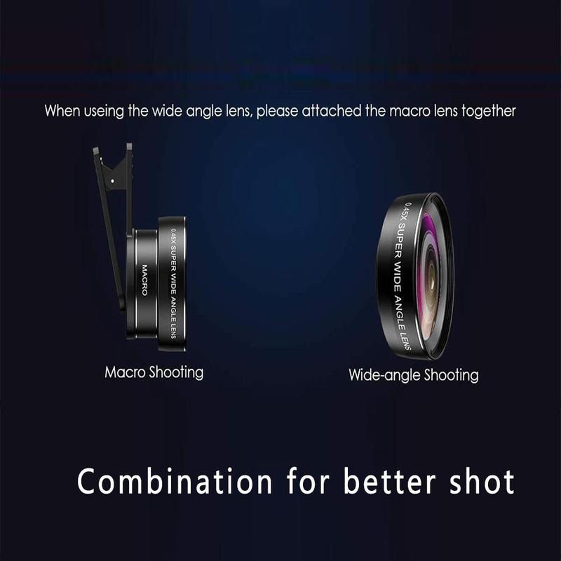 Professional Lens Set, Clip-on 2 in 1 Phone Lens, 0.45X 49UV Mobile Phone Camera Lens, Wide Angle & Macro Cellphone Camera Lens for iPhone Android Phone