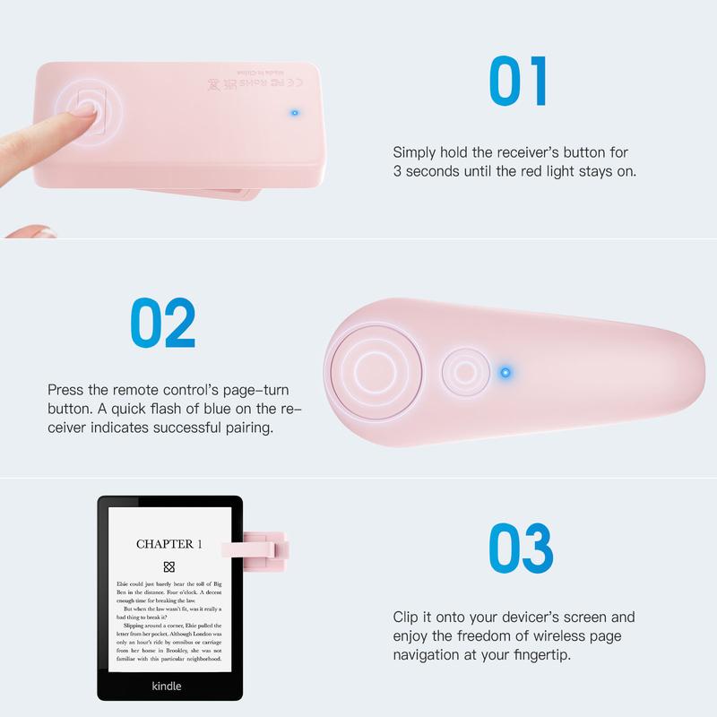 Wireless Page Turner for Kindle, Kindle Clicker, Kindle Handsfree, Remote Control Page Turner for iPad Reading, Rechargeable Turner for iPhone Android Tablets Ebook Reading Articles or Novels, Kindle Accessories, Kindle Accessory Pink