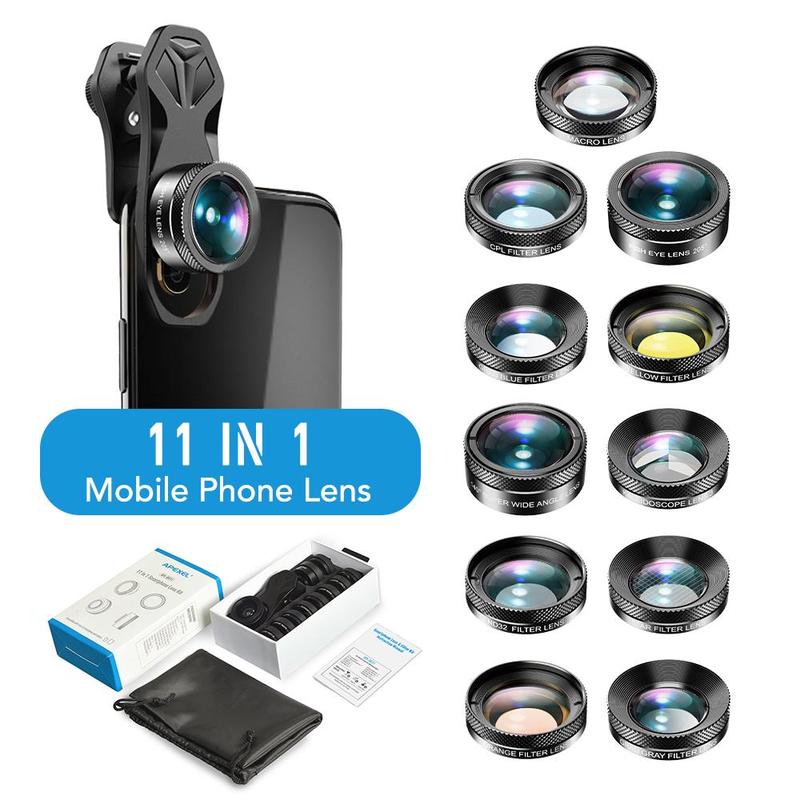 APEXEL 11 in 1 HD Phone Lens Kit, Wide Angle Fish Eye Lens & CPL Star ND Filter Lens Kit, Mobile Phone Accessories for iPhone Samsung & Most Smartphones, Smartphone Lens, Macro Lens, Zoom Lens