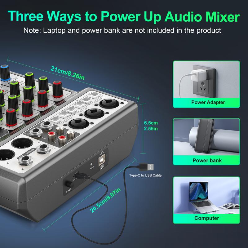 Aveek Professional Audio Mixer,with 5Channel Digital USB Bluetooth Echo Delay Effect, Input 48V Phantom Power Stereo for Recording, Podcasting Device