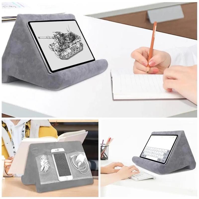 Portable Tablet Holder, Adjustable Soft Sponge Tablet Stand with Storage Net, Multifunctional Tablet & Phone Holder for Home & Office