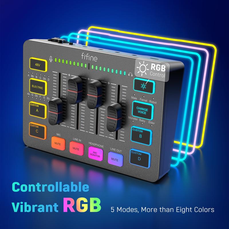 Fifine SC3 Gaming Audio Mixer,Audio Interface with Individual Control, Volume Fader, Mute Button, RGB, 48V Phantom Power for Live Streaming, Podcasting, Content Create, Gaming