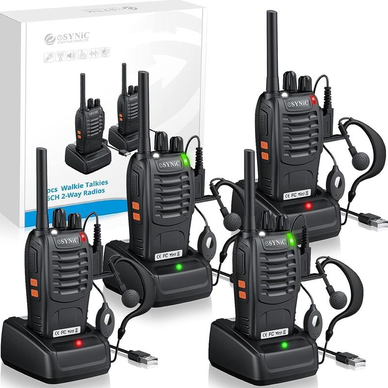 eSynic 4Pcs Professional Walkie Talkies Rechargeable Long Range 2 Way Radio Portable Walkie Talkies Supports VOX & 16CH Walky Talky with LED Light Earpieces for Activity etc Audio Mother's Day Gift