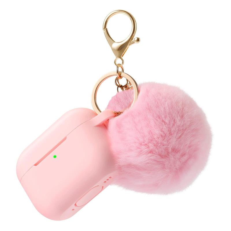 Silicone Anti-fall Earphone Protective Case with Keychain and Fur Ball & LED Charging Indicator Light, Impact and Scratch Resistant, Compatible with AirPods Pro 2nd