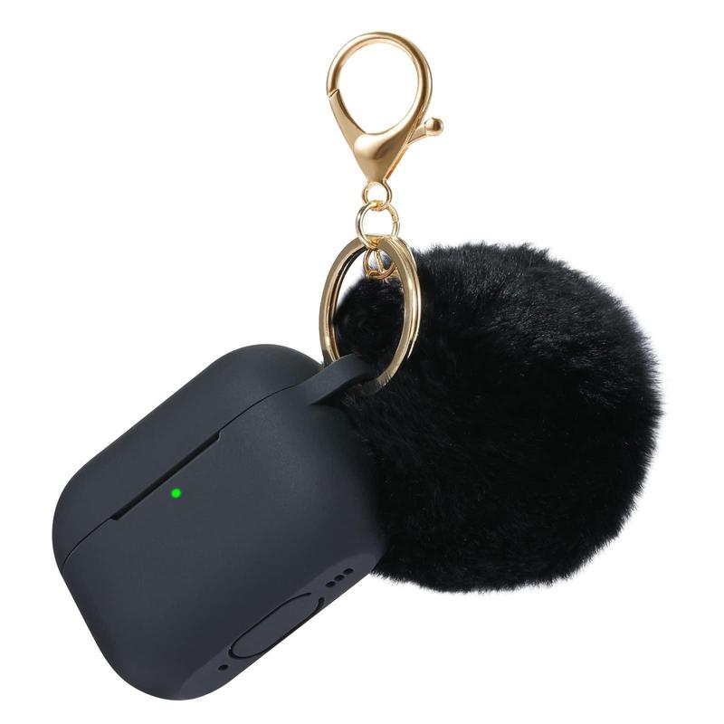 Silicone Anti-fall Earphone Protective Case with Keychain and Fur Ball & LED Charging Indicator Light, Impact and Scratch Resistant, Compatible with AirPods Pro 2nd