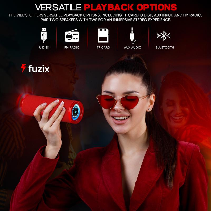 Vibe Portable Wireless Bluetooth Speaker by Fuzix – Dual 7W High-Power Sound,  Long Lasting Battery, Dynamic LED Lights, TWS Stereo, TF Card, U Disk, AUX, FM Radio Audio Compact