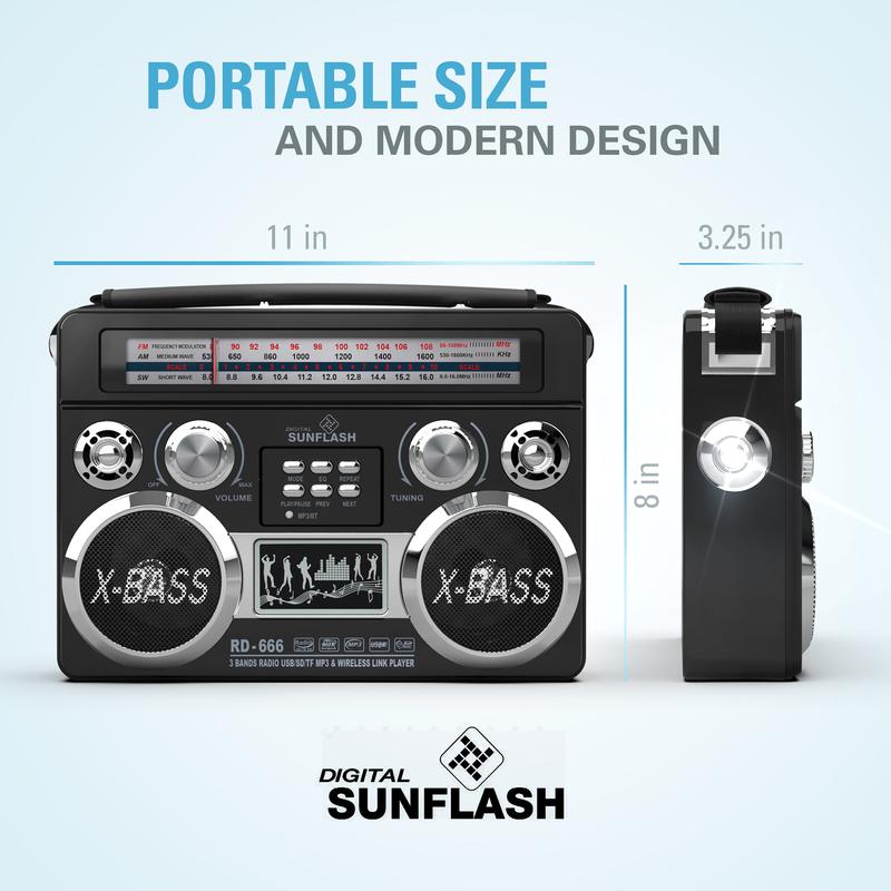 DIGITAL SUNFLASH Retrobox  AM FM SW 3-Band Portable Audio Radio Speaker Player Receiver  with Wireless Bluetooth Boombox Built-in Flash Light, SD, MicroSD, AUX Input,  Rechargeable Battery