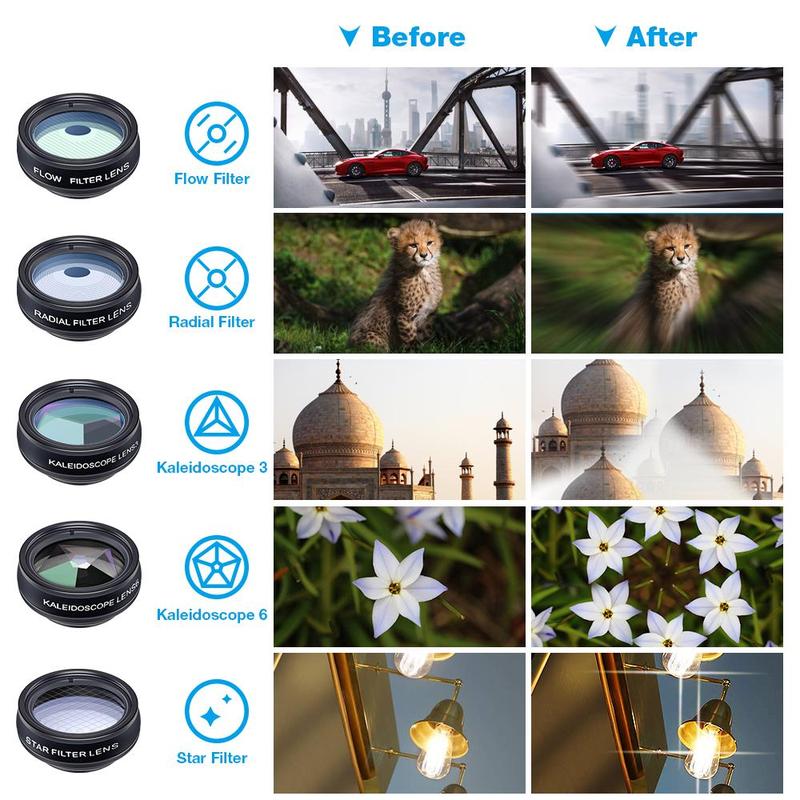 APEXEL 10 in 1 Mobile Phone Lens Kit, Macro Lens & Wide Angle Lens & Fisheye Lens & Telephoto Lens & CPL Flow Radial Star Filter Lens & Kaleidoscope 3 6 Lens, Suitable for iPhone, Samsung, Xiaomi, and All Smartphones