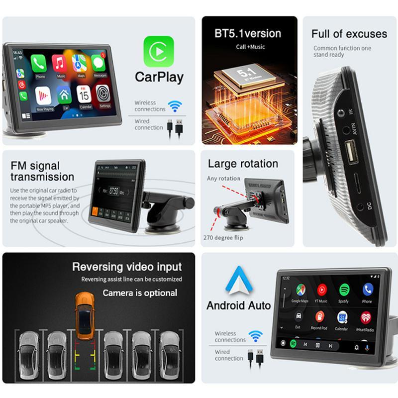 7 Inch Car MP5 Player for Apple CarPlay & Android Auto, Portable Bluetooth-compatible Car MP5 Player with TF Card USB DC FM Transmission Function