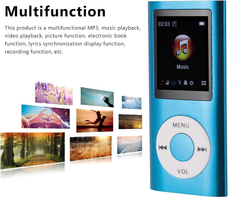 MP3 Player, Portable Lossless Sound Slim MP3 Music Player with Earphone, 1.8 Inch LCD Screen Digital Music Player,(Blue) Audio Mp4 Aluminum