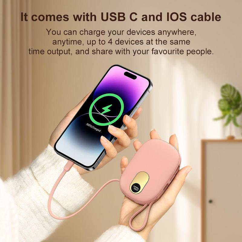 10000mAh Electric Hand Warmer Power Bank, 1 Count Portable Pocket Power Bank with Built-in Cable, 24-hour Long-lasting Safe Heating Power Bank for Outdoor