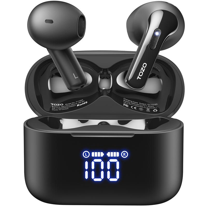 TOZO T21 Earbuds, 5.3 Bluetooth Headphone, Sem in Ear with Dual Mic Noise Cancelling, IPX8 Waterproof, Stereo Sound with Power Display Charging Case Black Audio Connection Digital Headset Workout Electronic Audio Connection wireless earphone app control