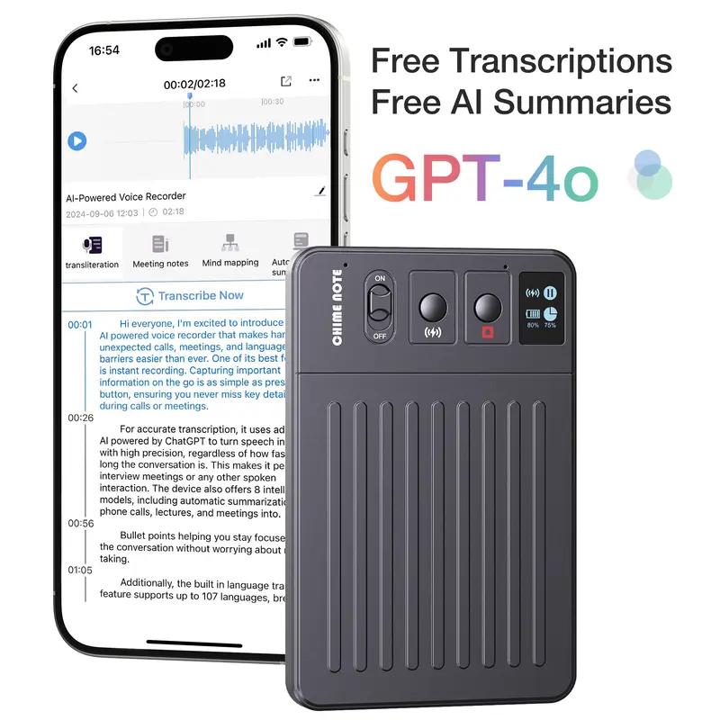 CHIME NOTE PRO Al voice recorder, 107 languages ​​supported by ChatGPT 4.0. Summarization, transcription, MagSafe charging and voice translation features. Call and note recording, one-touch recording, 64GB memory and APP control. Extremely portable.