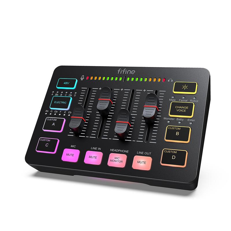 Fifine SC3 Gaming Audio Mixer,Audio Interface with Individual Control, Volume Fader, Mute Button, RGB, 48V Phantom Power for Live Streaming, Podcasting, Content Create, Gaming