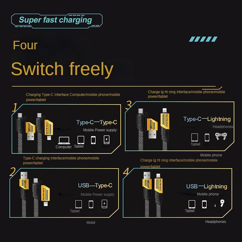 4-in-1 Fast Charging Data Cable for Cellphone, Multipurpose PD 65W Fast Charging Cable Compatible with iPhone & Android, Multi-port Charging Cable for Cellphone & Tablet