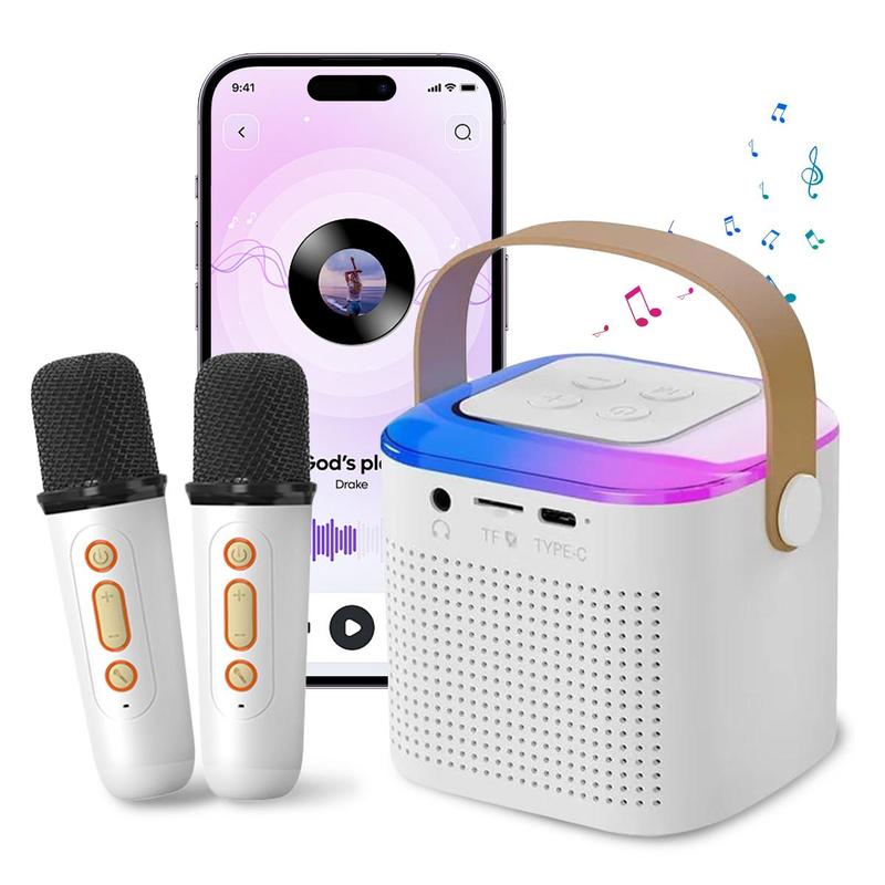 Portable Karaoke Machine with 2 Wireless Microphones, Mini Karaoke Machine with LED Lights, Bluetooth Speaker, Support TF Card, AUX Input Singing Toys for Kids Adults Home Birthday Party (White)