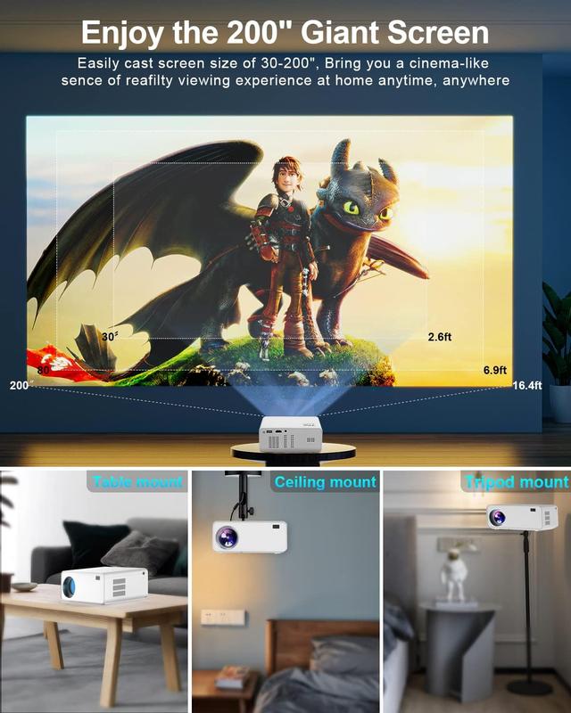 Mini Projector ,WiFi and Bluetooth, Electric Keystone  5G 4K Supported Projector, Max 200” Display, 50% Zoom Outdoor Projector for iOS Android HDMI USB TV Stick PS5,HDMI cable, Screen mirror projector Audio Portable Electronic Flash Game Lcd Crystal