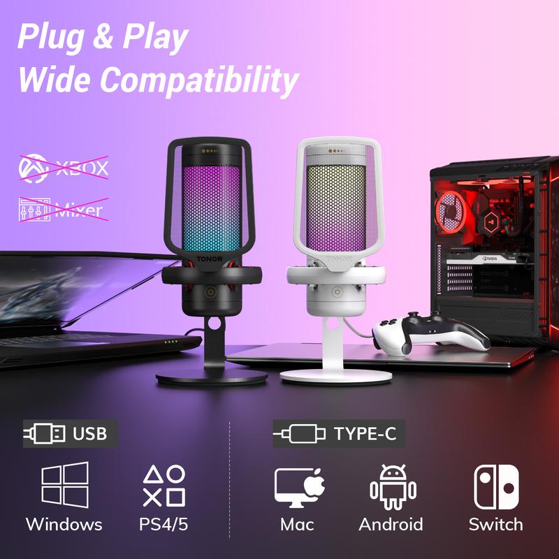 TONOR TC310 USB Streaming Gaming Mic for PC, PS4 PS5, with Vibrant RGB Lighting & Easy Sound Control Audio Noise Audio Noise