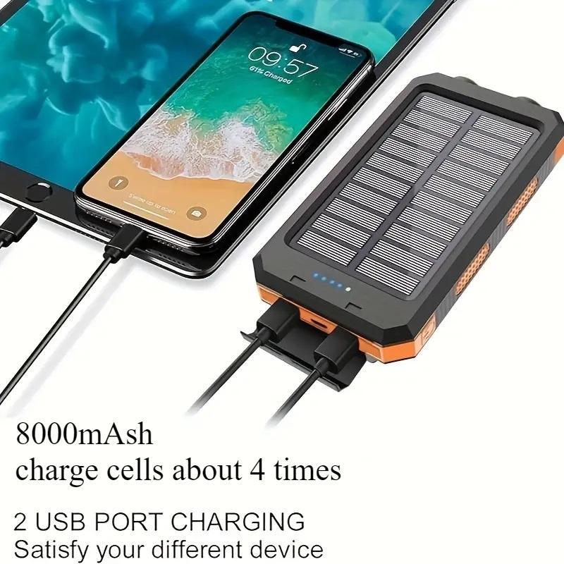 Portable Solar Power Bank, 1 Count 8000mAh Solar Charger with Double Bright LED Flashlight, Multifunction Power Banks for Outdoor Camping