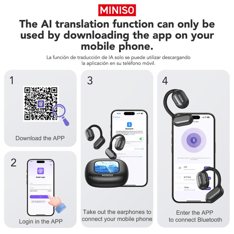 MINISO X30 AI  Headphones Open Free Wireless Translation Bluetooth Earbuds For Listening To Music & Calling, Support 135 Languages Bluetooth Translation & Meeting Summary Wireless Headphones