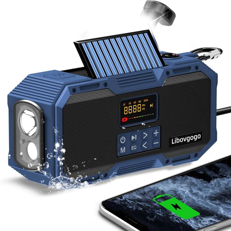 Emergency Radio 10W IPX5 Waterproof Bluetooth Speaker,Portable Digital AM FM Radio with Flashlight Strobe Light,3 Mode Reading Lamp,Hand Crank WB NOAA Weather Solar Radio,4000mAH Cell Phone Charger