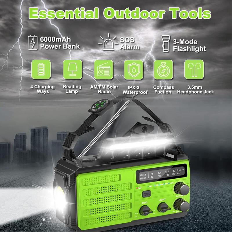 Portable Solar AM FM Radio, 6000mAh Hand Crank Radio with Super Flashlight & Reading Light, Type-C Charging Emergency Radio for Home Outdoor, Camping