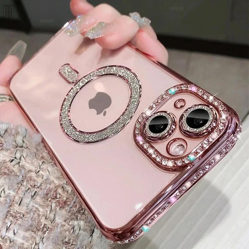 For iPhone Series Bling Fashion Girl Pink Crystal Glitter Transparent Magnetic Case iPhone 16 15 14 13 12 11 Pro Max Plus Wireless Charging Diamond Cover Link No.251