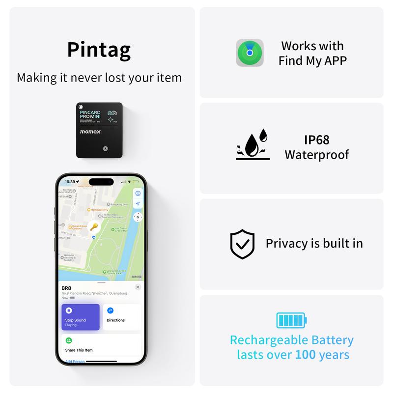 MOMAX Rechargeable Bluetooth Tracker, Apple Find My, Key Finder Waterproof, Smart Tracking Tag for Keys, Bags, Luggage, Wallet and More GPS