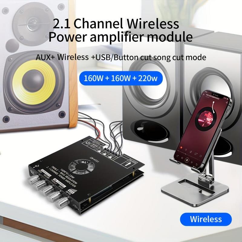 2.1 Channel Digital Amplifier Module, BT High Low Bass Subwoofer Amplifier Board, Wireless Subwoofer Amplifier 2.1 Channel Board 160W*2+220W Power Audio Stereo Amplifier Board for Smartphone Live Streaming