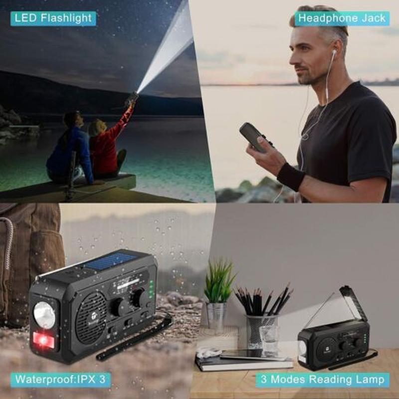 5000mAh Solar Hand Crank Emergency Radio - Portable Weather Radio Hand Crank, Solar Powered, AM FM NOAA Radio with Flashlight, Reading Lamp, SOS Alarm, and Cell Phone Charger