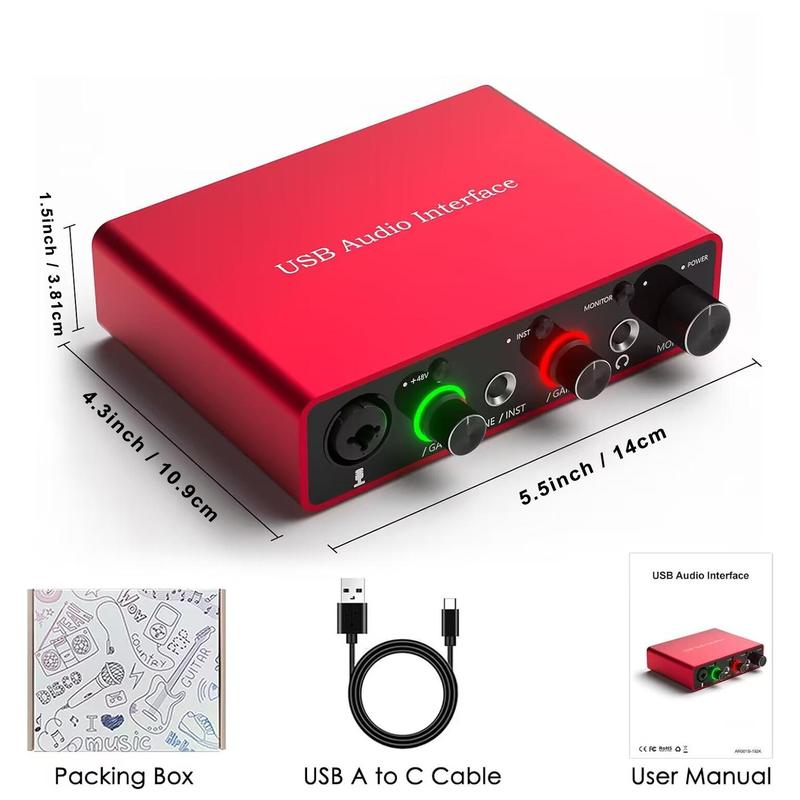 USB Audio Interface, 24-bit 192kHz USB Audio Interface with 48V Phantom Power, Audio Interface for Computer Recording, Podcasting and Streaming, Desktop & Laptop Components, Studio Equipment