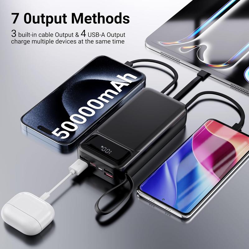 Portable Charger Power Bank 50000mAh- 7 Outputs & 3 Inputs USB-C 22.5W Fast Charging Battery Pack with Built-in Cables and Ports Compatible with Most of Cellphones and Devices, for Travel Camping