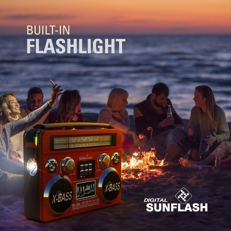 DIGITAL SUNFLASH Retrobox  AM FM SW 3-Band Portable Audio Radio Speaker Player Receiver  with Wireless Bluetooth Boombox Built-in Flash Light, SD, MicroSD, AUX Input,  Rechargeable Battery