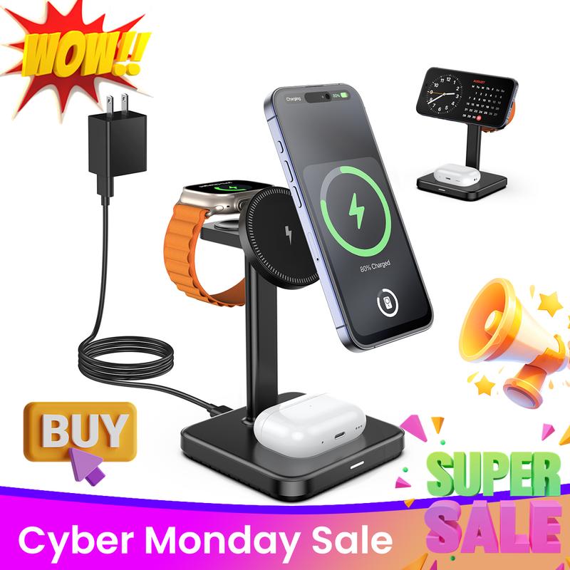 Black Friday & Cyber Monday Sale - 3 in 1 Wireless Charger Stand with MagSafe, 15W Fast Magnetic Wireless Charging Station for Apple Devices, Compatible with iPhone 15 14 13 12 Series, AirPods 2 3 Pro, iWatch Ultra UItra 2 9 8 7 SE 6 5 4 3 2 1