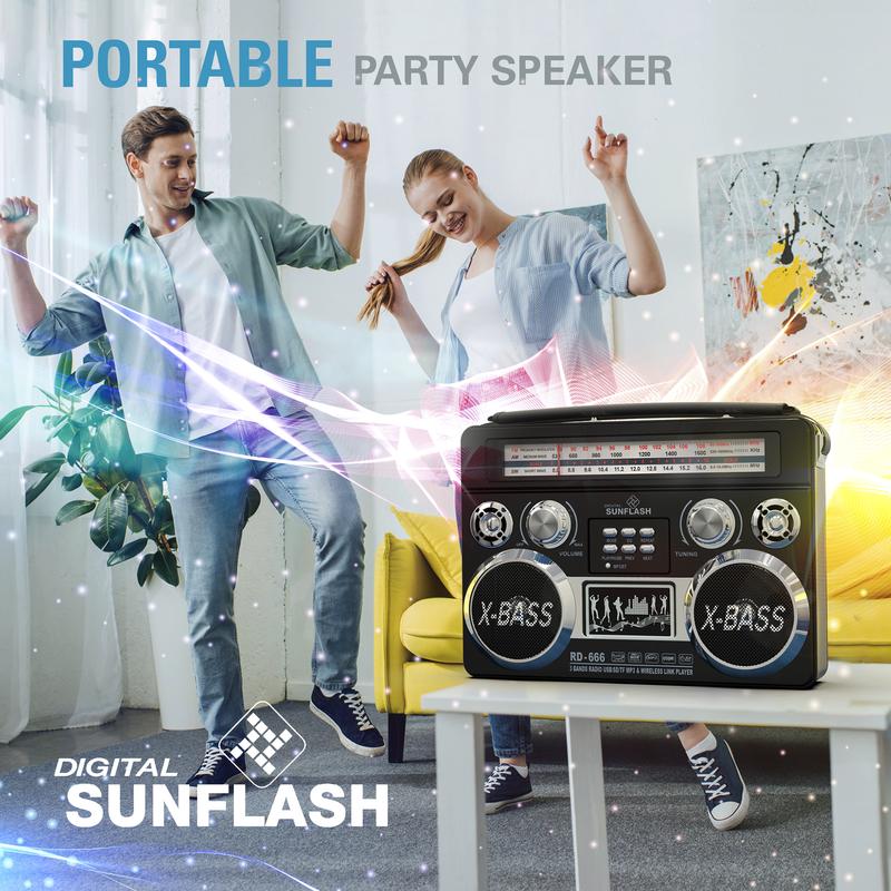 DIGITAL SUNFLASH Retrobox  AM FM SW 3-Band Portable Audio Radio Speaker Player Receiver  with Wireless Bluetooth Boombox Built-in Flash Light, SD, MicroSD, AUX Input,  Rechargeable Battery