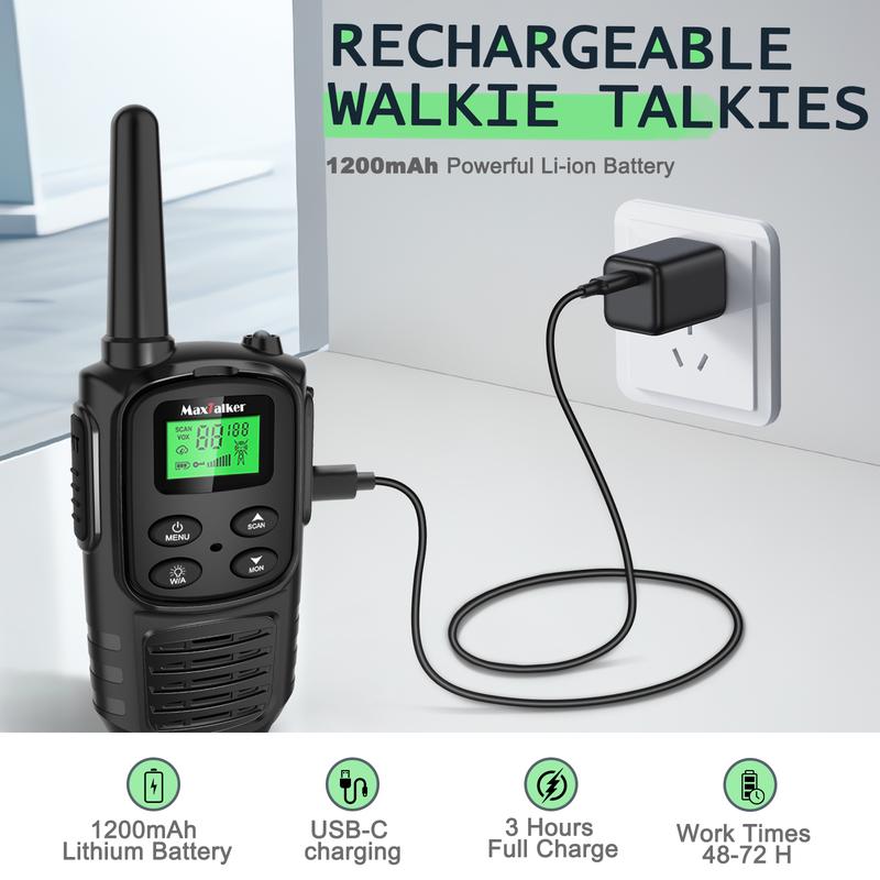 MaxTalker Walkie Talkies Long Range for Adult, MT10 Rechargeable Walkie Talkies FRS Two Way Radio, NOAA, 1200mAh Li-ion Battery USB-C Cable, LED Flashlight, VOX Walkie Talkie for Hiking Camping Audio