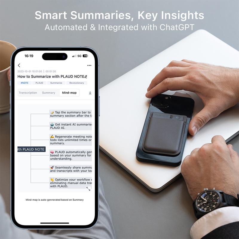 PLAUD NOTE AI Voice Recorder Empowered by ChatGPT. One-Press Recording and Playback. Note Recording & Phone Call Recording Accurately Record Based on Different Scenarios. Amazing Powerful Transcription & Summarization. 0.117-inch Slim Extremely Portable.