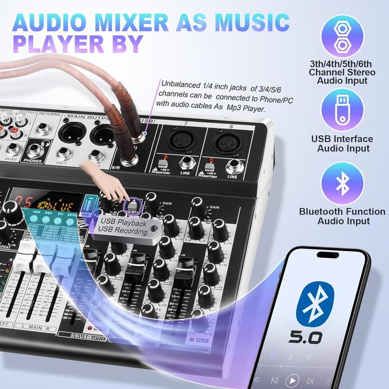 8  Audio Mixer DJ Mixer Sound Board Console 16 Dsp USB Audio Interface MP3 Input +48V Phantom  Studio Mixer Audio For Karaoke Streaming Recording