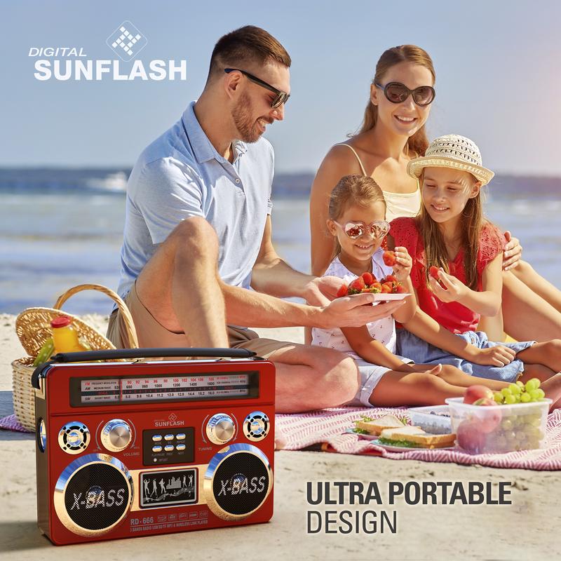 DIGITAL SUNFLASH Retrobox  AM FM SW 3-Band Portable Audio Radio Speaker Player Receiver  with Wireless Bluetooth Boombox Built-in Flash Light, SD, MicroSD, AUX Input,  Rechargeable Battery