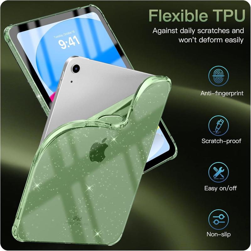 Case for iPad 10th Generation Clear, iPad 10 Case 2022 (10.9 inch), Slim & Light Weight TPU Protective Clear iPad Case with Raised Edge and Transparent , Glitter Green