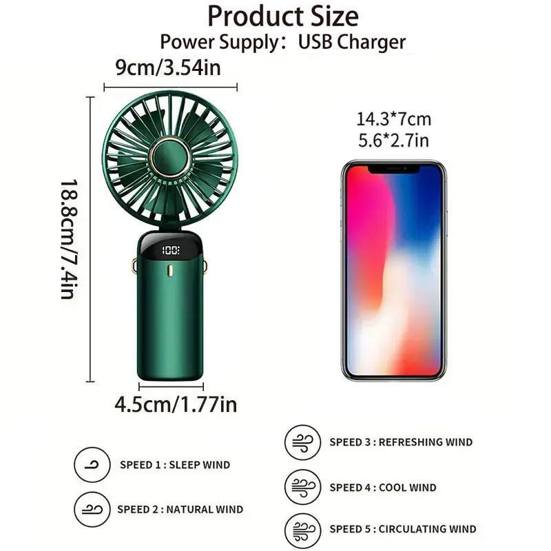 Summer Spring Portable Fan with Base & Lanyard for Music Festival, USB Rechargeable Handheld Fans with LED Power Display, Adjustable 5 Speeds Personal Cooling Fan, Compact Table Fan, Foldable Mini Fan for Outdoor Travel Camping