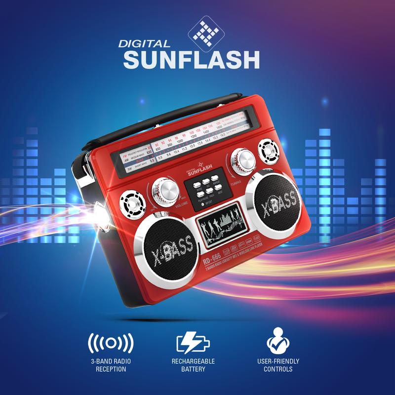 DIGITAL SUNFLASH Retrobox  AM FM SW 3-Band Portable Audio Radio Speaker Player Receiver  with Wireless Bluetooth Boombox Built-in Flash Light, SD, MicroSD, AUX Input,  Rechargeable Battery