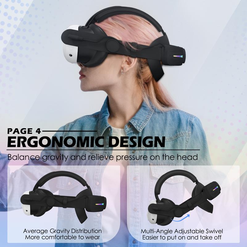 Orzero Head Strap Accessories Compatible for Quest 3 with Extended 8000mah Battery Pack, Fast Charging 9V 2A Extended Gaming Time with RGB Light - Black