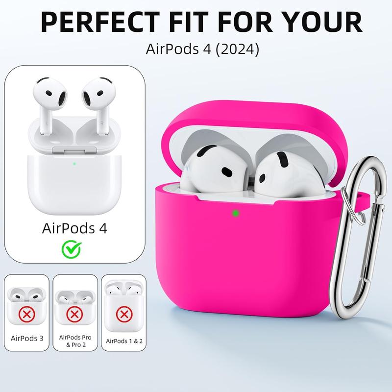 Compatible with AirPods 4 Case(2024), Soft Silicone Protective Cover for AirPods 4 Case with Keychain, Cleaning Kit & Anti-Loss Strap, AirPods 4th Generation Case for Women Men,Rose Pink Protection Protection