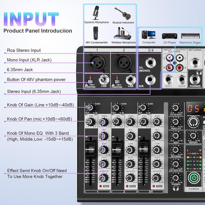 8  Audio Mixer DJ Mixer Sound Board Console 16 Dsp USB Audio Interface MP3 Input +48V Phantom  Studio Mixer Audio For Karaoke Streaming Recording