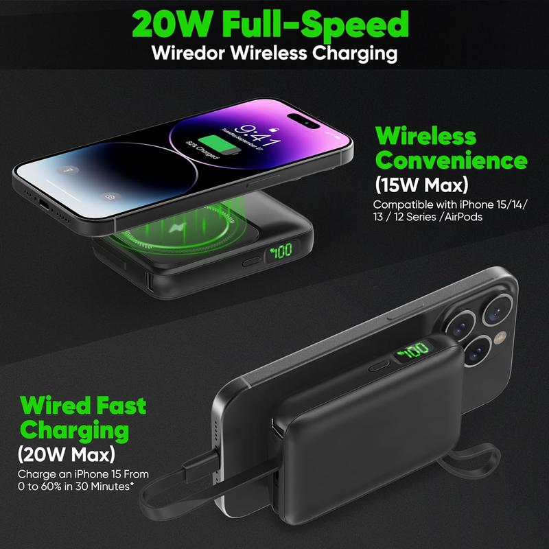 2024 Version 10000mAh Magnetic Wireless Portable Power Bank Charger, LED Display 20W PD Fast Charging Battery Pack, Built in Cables Phone Charger for iPhone iPad Samsung Google Pixel LG Moto More